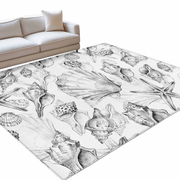 Coastal Seashell Area Rugs 5x8ft Summer Nautical Gray Shell Starfish Marine Life Floor Rug&nbsp;Non Slip Low Pile Ultra Soft Throw Carpet for Entryway Indoor Entrance Kitchen Bathroom