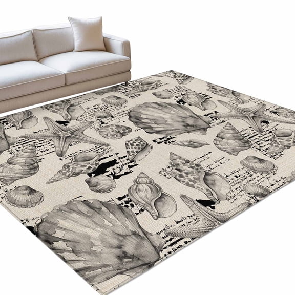 Coastal Seashell Area Rugs 6x9ft Summer Nautical Gray Shell Starfish Beige Hampton Style Floor Rug&nbsp;Non Slip Low Pile Ultra Soft Throw Carpet for Entryway Indoor Entrance Kitchen Bathroom
