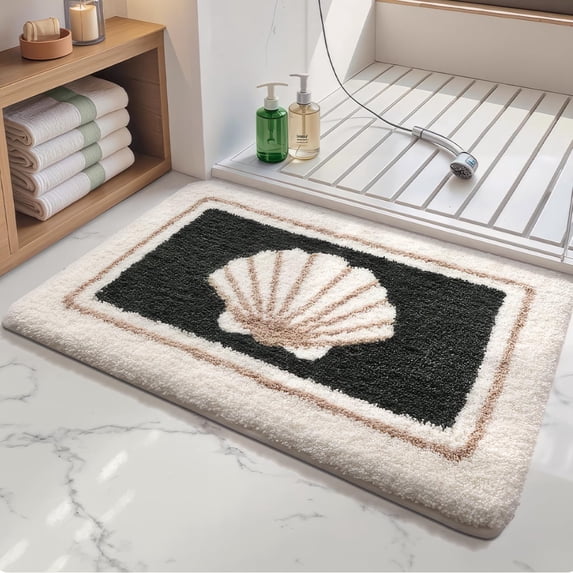 Coastal Seashell Bath Mat Non-Slip, 20"x31" Ocean Theme Bathroom Rug with Shell Design, Soft Plush Shaggy Doormat, Absorbent Quick Dry Polyester, Machine Washable Shower Floor Mats