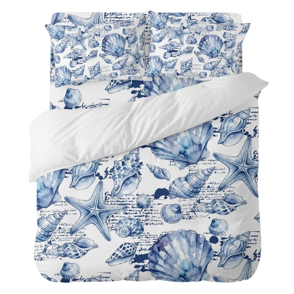 Coastal Seashell Bedding Duvet Cover Set Twin Size 4 Pieces, Summer Nautical Blue Shell Starfish Hampton Style Bedding Set with Zipper, 1 Comforter Cover 68x90 Inches 1 Flat Sheet & 2 Pillow Cases