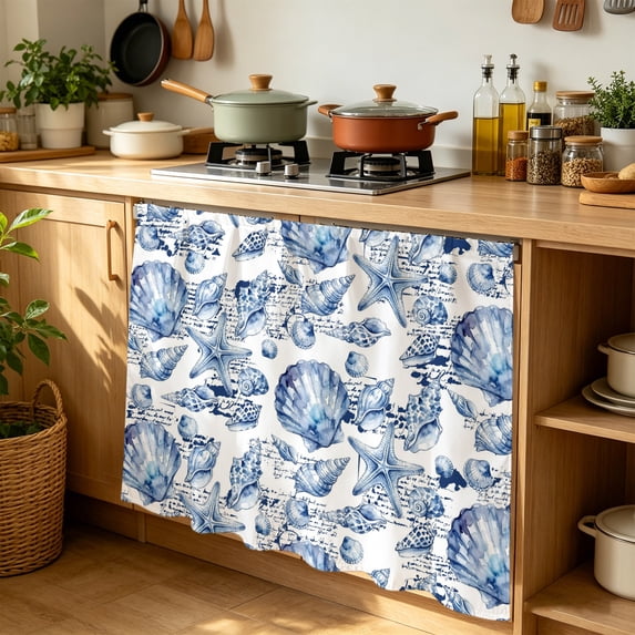 Coastal Seashell Cabinet Curtains for Kitchen 35"Wx35"L, Summer Nautical Blue Shell Starfish Hampton Style Sink Cabinets Magic Tape Short Curtain Privacy Panel for Bathroom Vanity Cabinets
