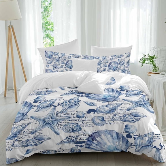 Coastal Seashell California King Duvet Cover Set, Summer Nautical Blue Shell Starfish Hampton Style 4 Piece Bedding Set with Zipper Closure, Bed Sheet and 2 Pillow Shams, Soft Bedding Cover