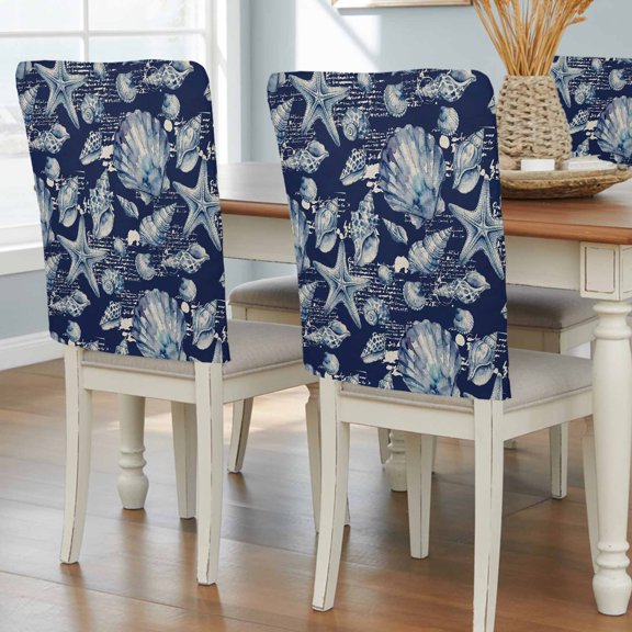 Coastal Seashell Chair Back Covers Set of 1, Summer Nautical Navy Blue Shell Starfish Removable Dining Seat Cover Washable Kitchen Chair Slipcovers Protective for Party Decoration 19x20in