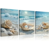 Coastal Seashell Conch Canvas Wall Art Summer Beach Waves Pictures Wall Decor Blue Beach Ocean Posters Prints Paintings for Bathroom Bedroom Living Room Sea View Room Unframed