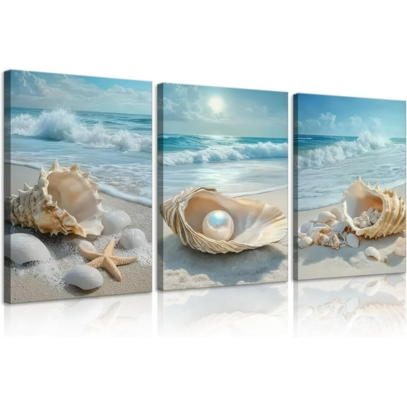 Coastal Seashell Conch Canvas Wall Art Summer Beach Waves Pictures Wall Decor Blue Beach Ocean Posters Prints Paintings for Bathroom Bedroom Living Room Sea View Room Unframed