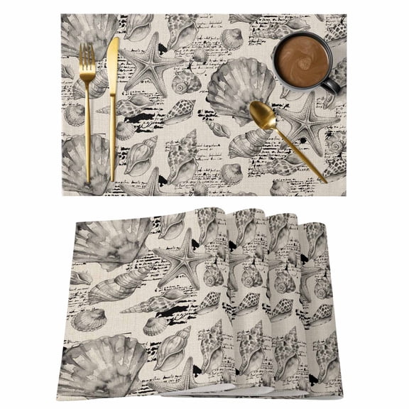 Coastal Seashell Cotton Linen Placemats Set of 1, Summer Nautical Gray Shell Starfish Beige Hampton Style Washable Table Place Mats Heat Insulating Placemat for Dining Room Kitchen 13 x 19 Inch