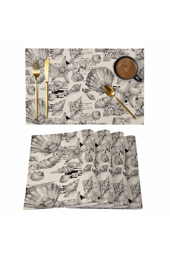 Coastal Seashell Cotton Linen Placemats Set of 1, Summer Nautical Gray Shell Starfish Beige Hampton Style Washable Table Place Mats Heat Insulating Placemat for Dining Room Kitchen 13 x 19 Inch