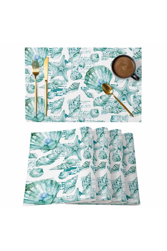 Coastal Seashell Cotton Linen Placemats Set of 4, Summer Nautical Green Shell Starfish Hampton Style Washable Table Place Mats Heat Insulating Placemat for Dining Room Kitchen Daily Use 13 x 19 Inch