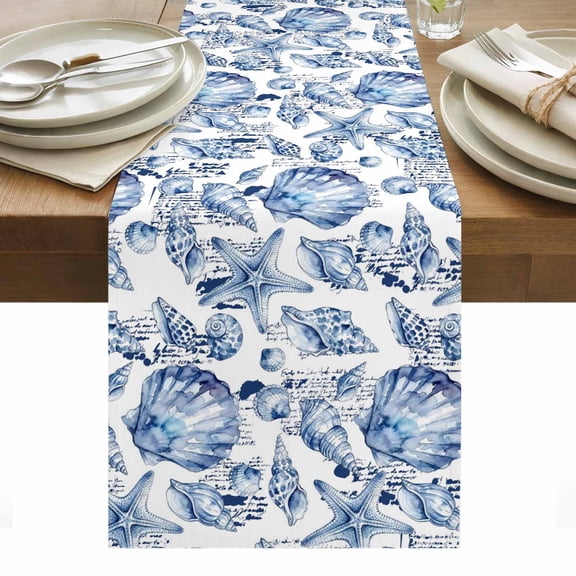 Coastal Seashell Cotton Linen Table Runner Summer Nautical Blue Shell Starfish Hampton Style Dining Table Runners for Home Decor Party Dining Room Restaurant Kitchen Party 13" x 48"