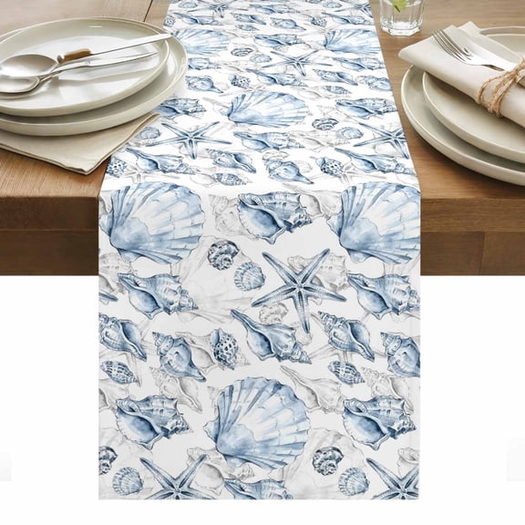 Coastal Seashell Cotton Linen Table Runner Summer Nautical Blue Shell Starfish Marine Life Dining Table Runners for Home Decor Party Dining Room Restaurant Kitchen Party 13" x 36"