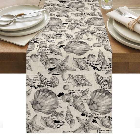 Coastal Seashell Cotton Linen Table Runner Summer Nautical Gray Shell Starfish Beige Hampton Style Dining Table Runners for Home Decor Party Dining Room Restaurant Kitchen Party 13" x 36"
