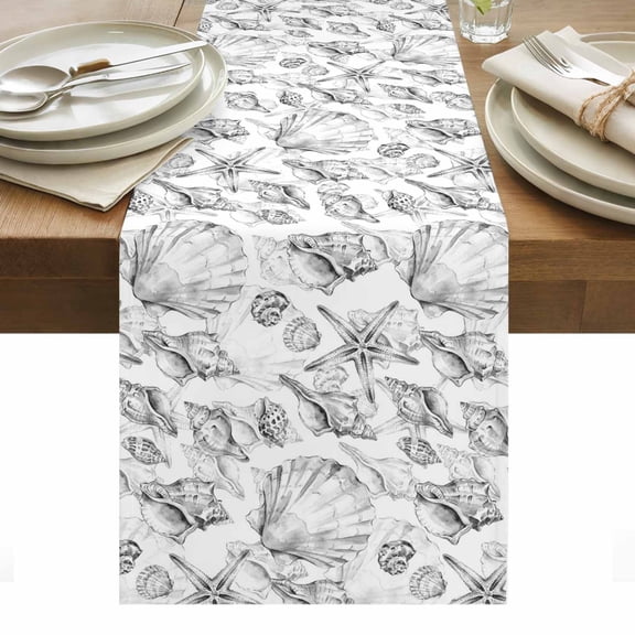 Coastal Seashell Cotton Linen Table Runner Summer Nautical Gray Shell Starfish Marine Life Dining Table Runners for Home Decor Party Dining Room Restaurant Kitchen Party 13" x 36"