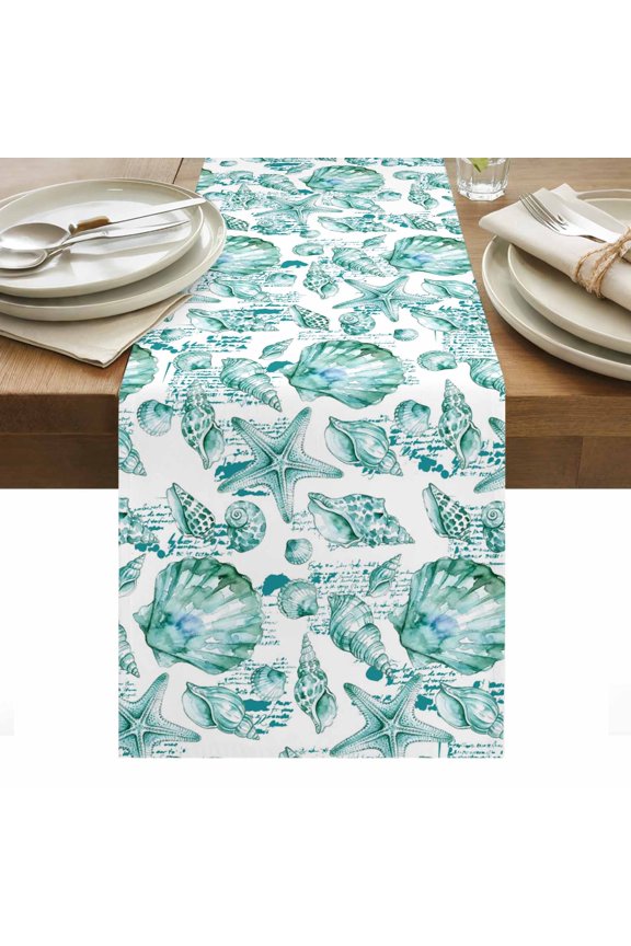 Coastal Seashell Cotton Linen Table Runner Summer Nautical Green Shell Starfish Hampton Style Dining Table Runners for Home Decor Party Dining Room Restaurant Kitchen Party 13" x 90"