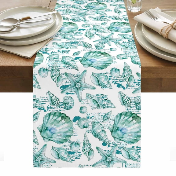 Coastal Seashell Cotton Linen Table Runner Summer Nautical Green Shell Starfish Hampton Style Dining Table Runners for Home Decor Party Dining Room Restaurant Kitchen Party 13" x 36"