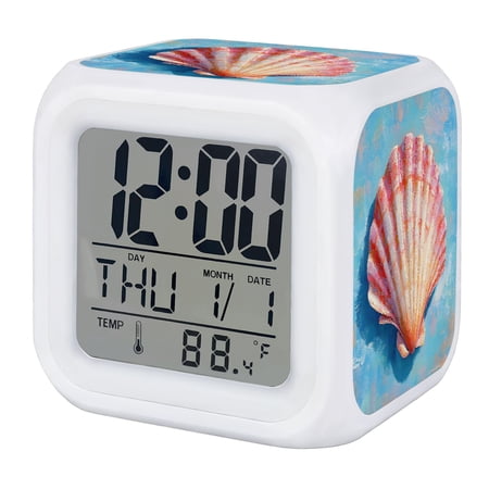 Coastal Seashell Digital Alarm Clock for Bedrooms,Smart LED Alarm Clock with 7 Color Changing Night Light,Summer Nautical Beach Marine Life Blue Silent Wake Up Clocks for Sleep Study 3.2"x3.2"