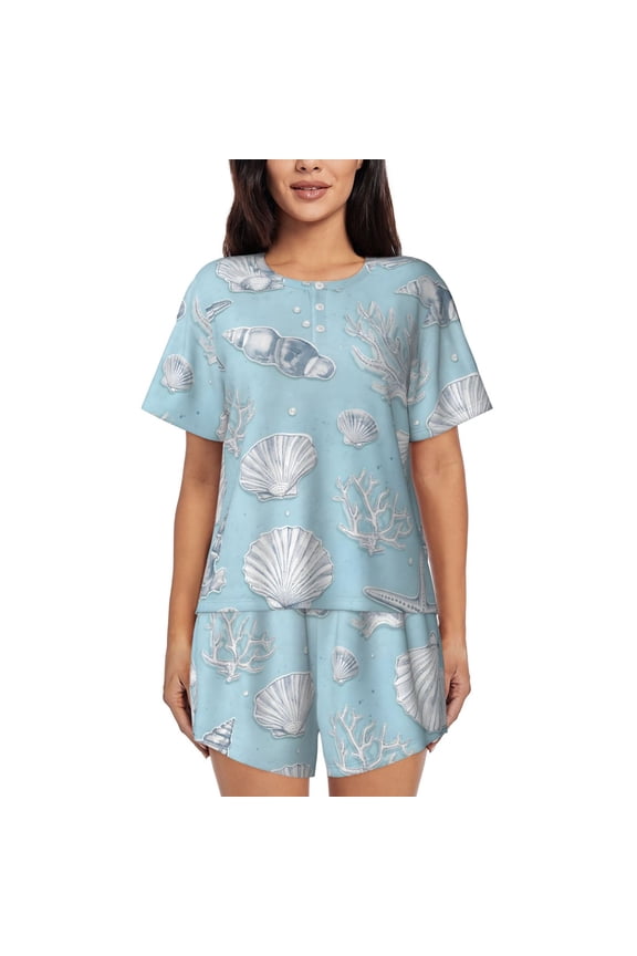 Coastal Seashell Elegant Beach-Inspired Women’S Short-Sleeved Pyjama Set Round-Neck Loungewear for Indoor and Outdoor