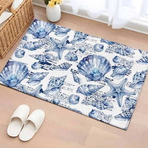Coastal Seashell Entryway Rug 2'x3' Summer Nautical Blue Shell Starfish Hampton Style Small Area Rug Non-Slip Front Door Mat Washable Floor Carpet for Indoor Entrance Kitchen Bathroom
