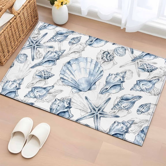 Coastal Seashell Entryway Rug 2'x3' Summer Nautical Blue Shell Starfish Marine Life Small Area Rug Non-Slip Front Door Mat Washable Floor Carpet for Indoor Entrance Kitchen Bathroom