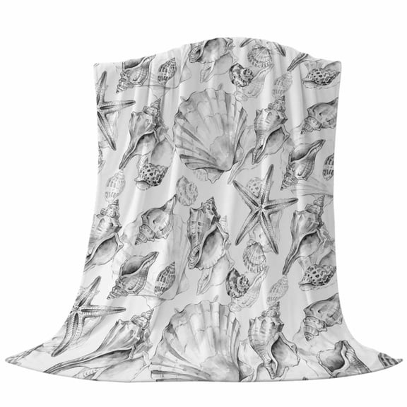 Coastal Seashell Fleece Throw Blanket Lightweight Summer Nautical Gray Shell Starfish Marine Life Fuzzy Flannel Throws Super Soft Cozy Flannel Blanket for Couch, Sofa, Bed, Travel 30"x40"