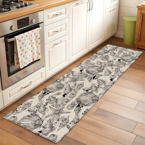 Coastal Seashell Hallway Washable Runner Rug 2x6 Summer Nautical Gray Shell Starfish Beige Hampton Style Low-Profile Kitchen Runner Non Slip Indoor Floor Carpet for Entrance Living Room Bedroom