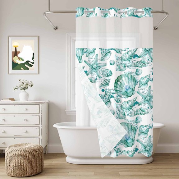 Coastal Seashell No Hook Shower Curtain with Snap in Liner, Summer Nautical Green Shell Starfish Hampton Style Waterproof Shower Curtains with See Through Top Window Liner for Bathroom, 36x72 Inches