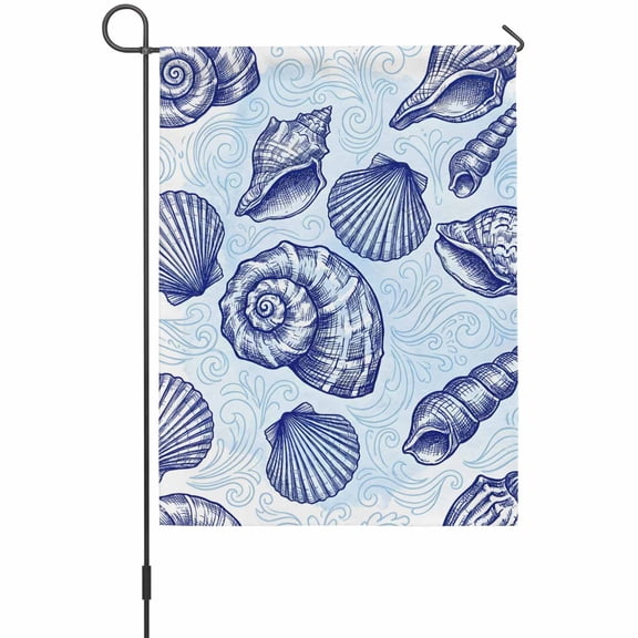 Coastal Seashell House Flags For Outdoor, Dark Blue Conch Ocean Theme Wave Lines Modern Small Double Side Yard Flags Weather Proof House Decor for Lawn Outside Holiday 28 x 40 Inches