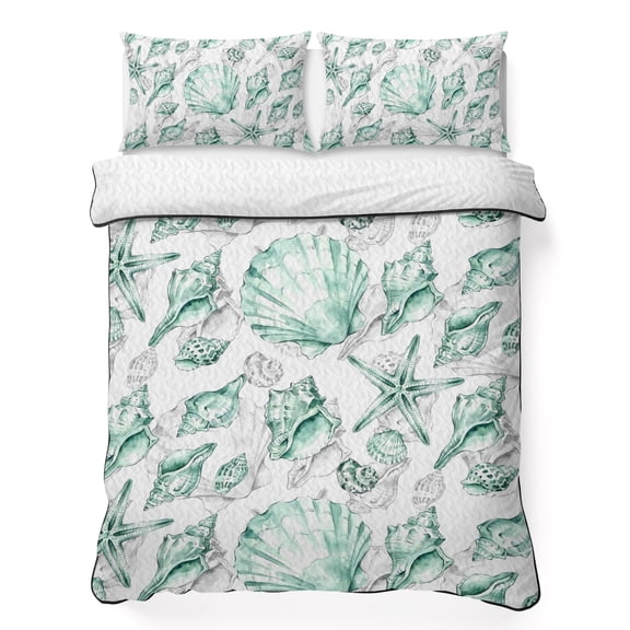 Coastal Seashell King Quilt Bedding Set, Summer Nautical Green Shell Starfish Marine Life Lightweight Comforter with 2 Pillow Shams Bedroom Bedspread Set Home Decor for All Seasons