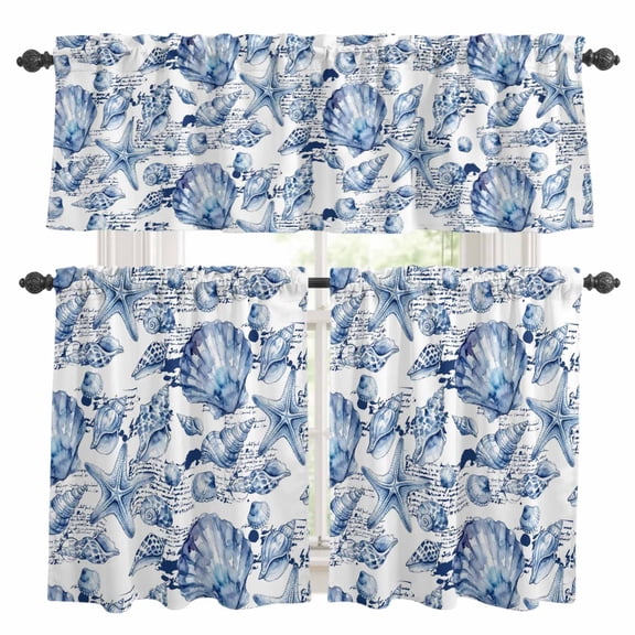 Coastal Seashell Kitchen Curtains Set for Windows, Summer Nautical Blue Shell Starfish Hampton Style Curtains Valance and Tier 3 Piece Set Small Drapes 24 Inch Length for Kitchen Bedroom Decor