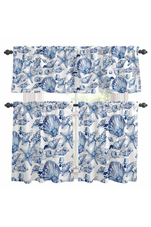 Coastal Seashell Kitchen Curtains Set for Windows, Summer Nautical Blue Shell Starfish Hampton Style Curtains Valance and Tier 3 Piece Set Small Drapes 36 Inch Length for Kitchen Bedroom Decor