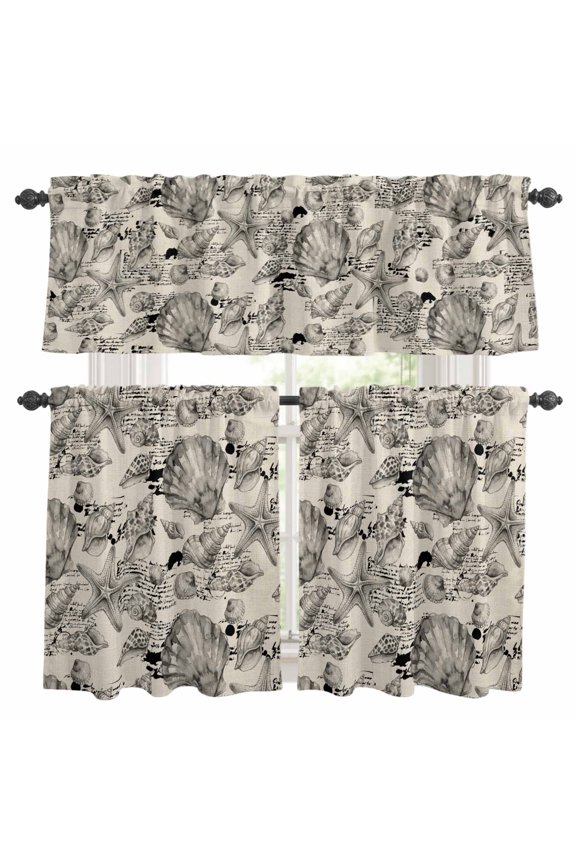 Coastal Seashell Kitchen Curtains Set for Windows, Summer Nautical Gray Shell Starfish Beige Hampton Style Curtains Valance and Tier 3 Piece Set Small Drapes 36 Inch Length for Kitchen Bedroom Decor
