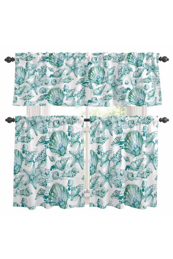 Coastal Seashell Kitchen Curtains Valance and Tier Set Summer Nautical Green Shell Starfish Hampton Style Rod Pocket Short Curtains for Small Window 3 Pieces Set for Bedroom (54" x 18"+27" x 24")
