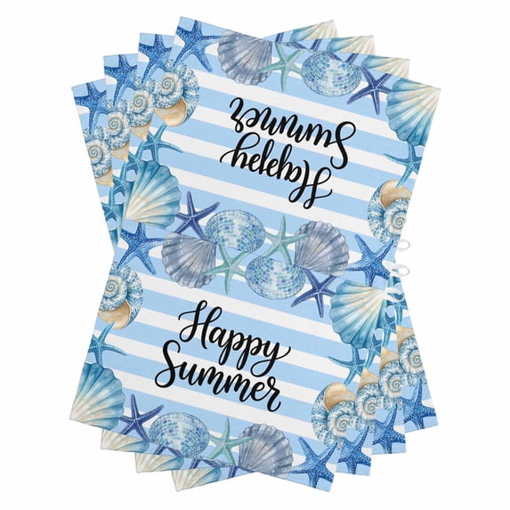 Coastal Seashell Kitchen Towels Set of 4, Water Absorbent Dish Towel, Summer Ocean Starfish Conch Blue Stripes Decorative Hand Towels - Quick Drying Cloth for Cooking Baking, 18x28 Inch