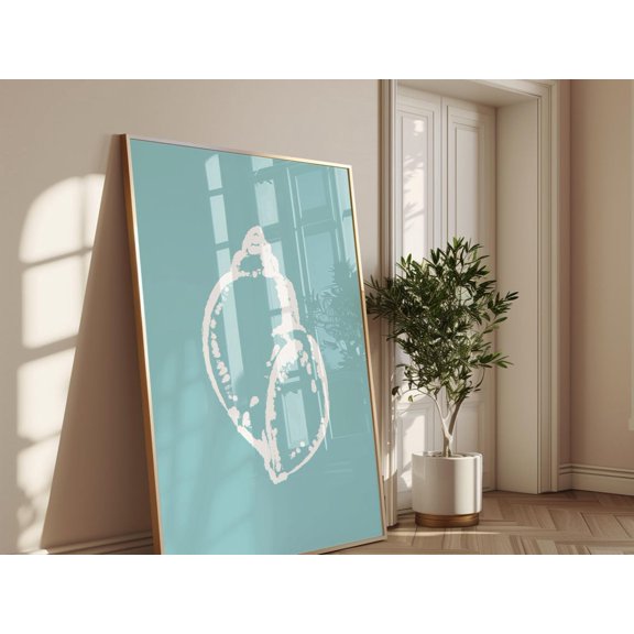 Coastal Seashell Minimalist Wall Art Print - Ocean Inspired Aqua Blue Background, Beachy Nautical Decor, Seaside Coastal Shell Poster Wall Art, Modern Wall Decor, 12x18 UNFRAMED