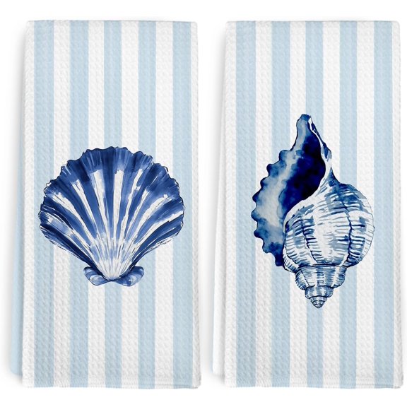 Coastal Seashell Navy Blue Kitchen Towels, Sea Shell Nautical Ocean Summer Decor Dish Towel, Beachy Coastal Beach Theme House Light Blue Striped Decor Hand Towels for Bathroom Kitchen, 16x24in