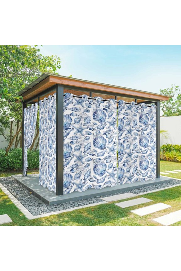 Coastal Seashell Outdoor Curtains for Patio, Summer Nautical Blue Shell Starfish Hampton Style Sunshade Privacy Drapes Grommet Waterproof Outside Curtains for Porch/Cabana/Balcony 54"x 84", 2 Panel