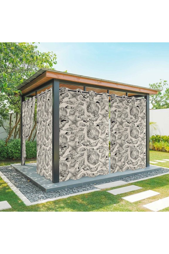 Coastal Seashell Outdoor Curtains for Patio, Summer Nautical Gray Shell Starfish Beige Hampton Style Sunshade Privacy Drapes Grommet Waterproof Outside Curtains for Porch Balcony 54"x108", 2 Panel