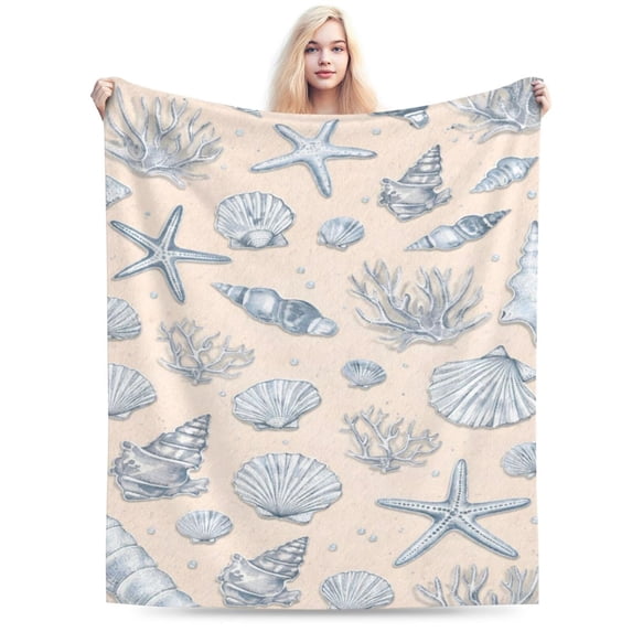 Coastal Seashell Pattern Throw Blanket, Vintage Ocean Shell and Starfish Decorative Blanket for Sofa Couch Bed 50x40