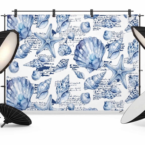 Coastal Seashell Photography Backdrop 10x8FT, Summer Nautical Blue Shell Starfish Hampton Style Photo Backdrops, Background for Photography Studio Photo Studio Background, Back Drop for Photoshoot