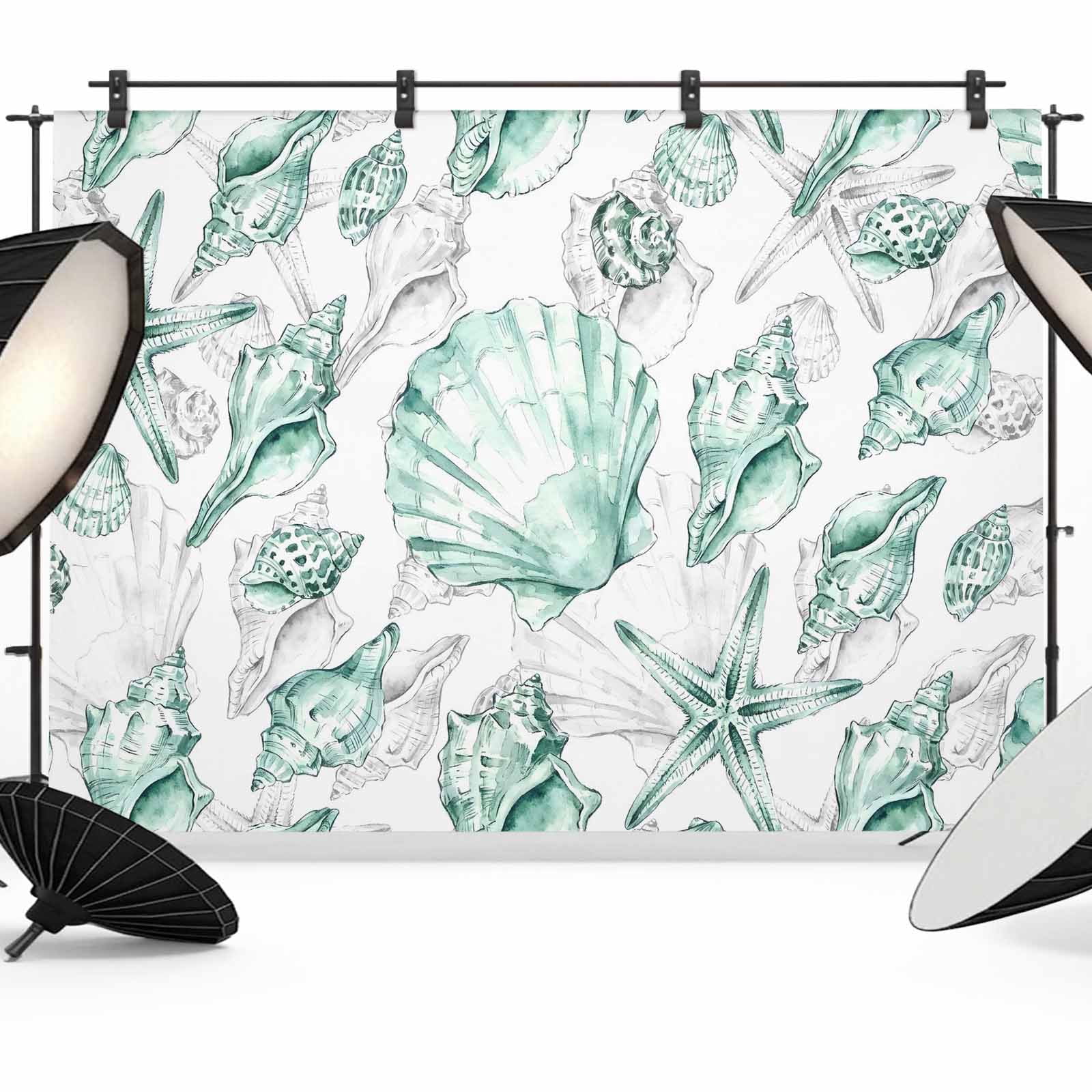 Shell Linen Backdrop Coastal Seashell Photography Backdrop 7x5FT, Summer Nautical Green ...