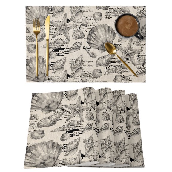 Coastal Seashell Placemats Set of 1, Summer Nautical Gray Shell Starfish Beige Hampton Style Non-Slip Place Mats Washable Table Mats for Kitchen Dining Table Decorations Indoor/Outdoor