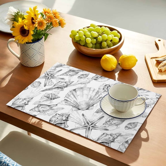 Coastal Seashell Placemats Set of 1, Summer Nautical Gray Shell Starfish Marine Life Non-Slip Place Mats Washable Table Mats for Kitchen Dining Table Decorations Indoor/Outdoor