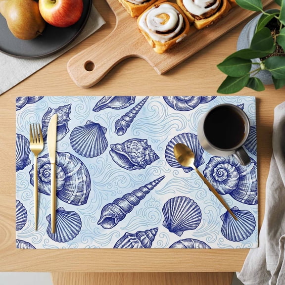 Coastal Seashell Placemats Set of 4, Dark Blue Conch Ocean Theme Wave Lines Modern Heat Insulated Linen Place Mats, Washable Stain-Proof Table Mats for Dining Tables Holiday Decor 13x19 Inches