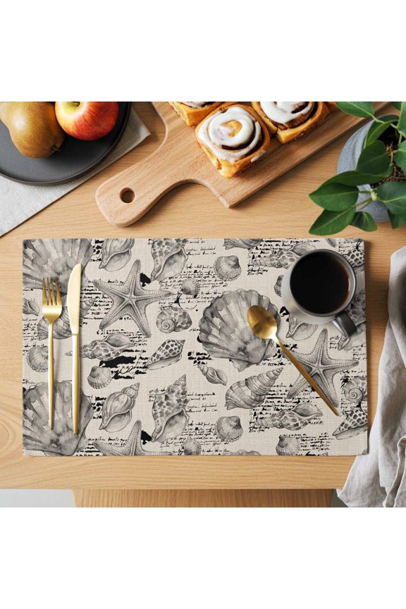 Coastal Seashell Placemats Set of 4, Summer Nautical Gray Shell Starfish Beige Hampton Style Heat Insulated Linen Place Mats, Washable Stain-Proof Table Mats for Dining Tables Holiday Decor 13x19 In