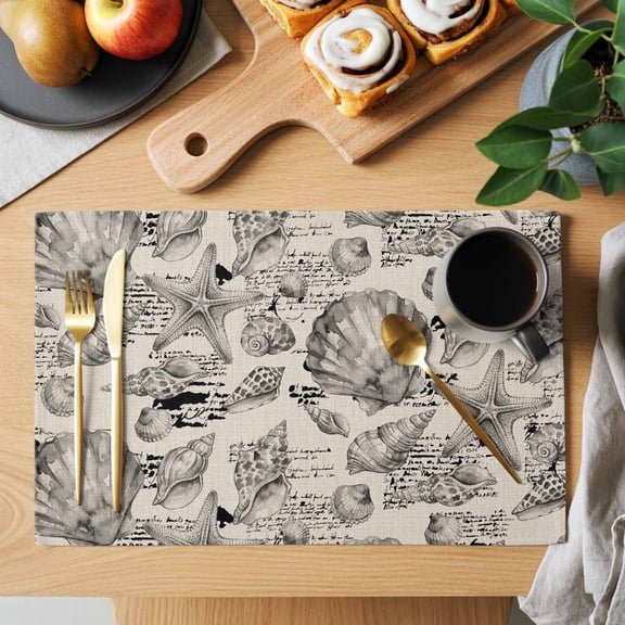 Coastal Seashell Placemats Set of 8, Summer Nautical Gray Shell Starfish Beige Hampton Style Heat Insulated Linen Place Mats, Washable Stain-Proof Table Mats for Dining Tables Holiday Decor 13x19 In