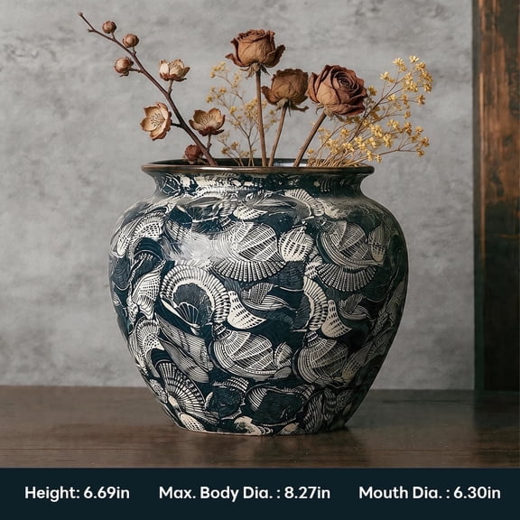 Coastal Seashell Print Ceramic Vase | 6.7" Tall Decorative Flower Vase for Home Decor, Living Room, Entryway | Navy Blue & White, 6.3" Opening.Seamless design, suitable for dried flowers and fresh fl