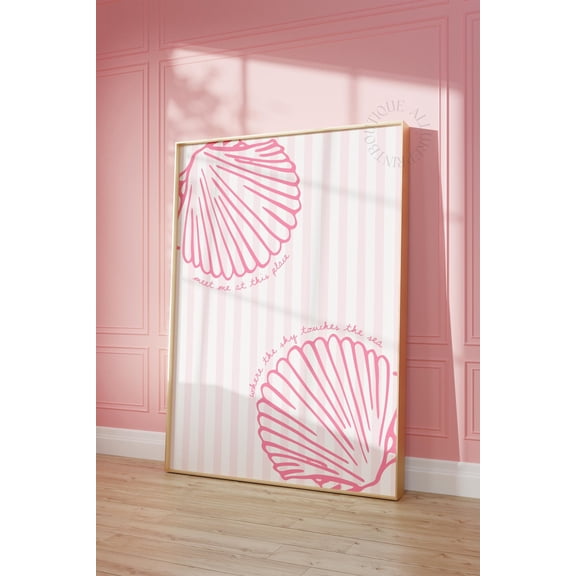 Coastal Seashell Print Poster, Pink Beachy Shell Wall Art, Meet Me At The Beach Poster, Girly Summer Print Poster,, Size 8x12 UNFFRAMED F03.1.7l201