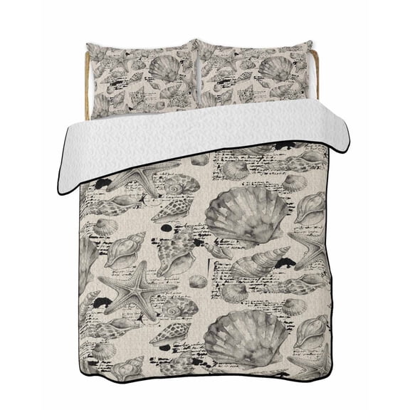Coastal Seashell Quilts Bedding Set Full Size Summer Nautical Gray Shell Starfish Beige Hampton Style Lightweight Quilted Bedspread 3 Piece Bed Quilt with 2 Pillow Shams for Bedroom 68" x 98"