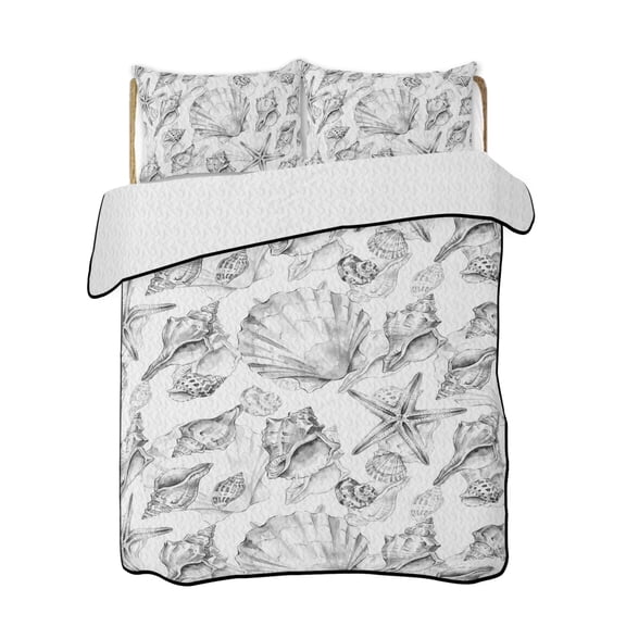 Coastal Seashell Quilts Bedding Set King Size Summer Nautical Gray Shell Starfish Marine Life Lightweight Quilted Bedspread 3 Piece Bed Quilt with 2 Pillow Shams All Season for Bedroom 90" x 96"