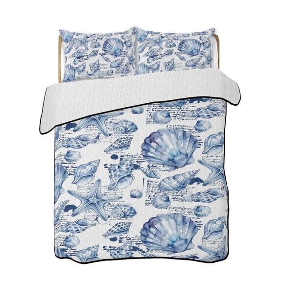 Coastal Seashell Quilts Bedding Set Twin Size Summer Nautical Blue Shell Starfish Hampton Style Lightweight Quilted Bedspread 3 Piece Bed Quilt with 2 Pillow Shams All Season for Bedroom 68" x 86"
