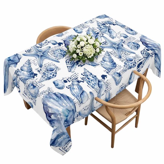 Coastal Seashell Rectangle Tablecloth Summer Nautical Blue Shell Starfish Hampton Style Waterproof Wrinkle Free Soft Table Cloth Spill-Proof Washable Table Cover for Dining Party Picnic 60 x 120 Inch